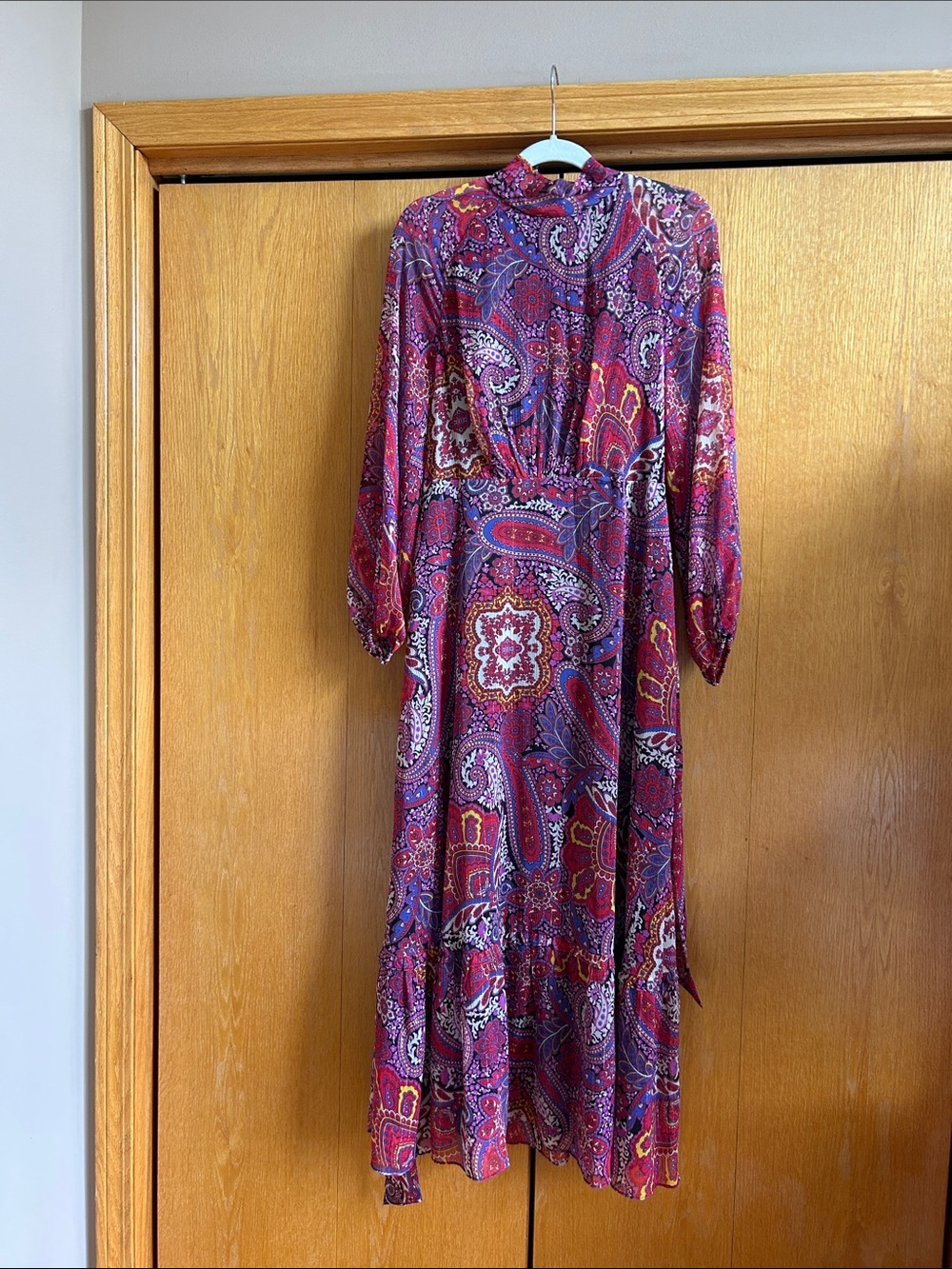 Boho Paisley Long Sleeve Maxi Dress - Pink/Purple/Red
